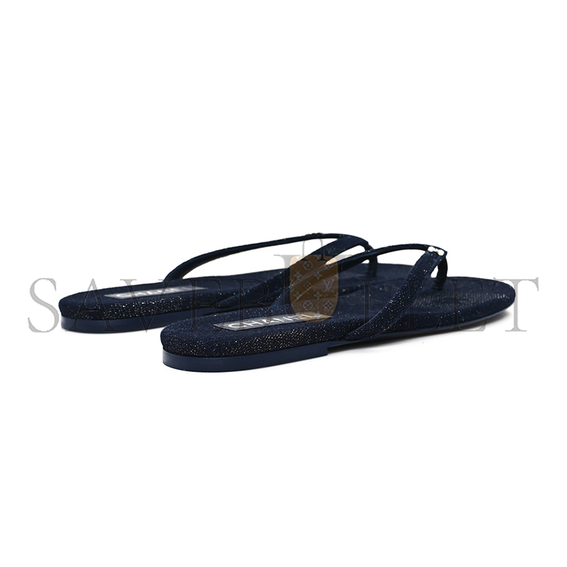 Ch*el cotton silk crystal cc thong sandals dark blue silver 362268